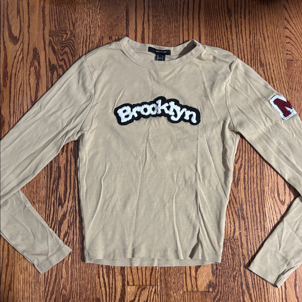 Forever 21 Tan Long Sleeve Tee with Brooklyn Patch